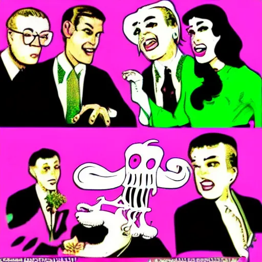 Image similar to Cthulhu as a modern day business man with a family and a drug and gambling addiction, psychedelic , 50s style infomercial , award winning , retro futuristic