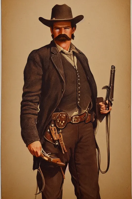 Prompt: highly photorealistic matte portrait of young val kimer as wyatt earp from tombstone set against a western town, intricate detail, attention to details, warm color scheme, volumetric lighting