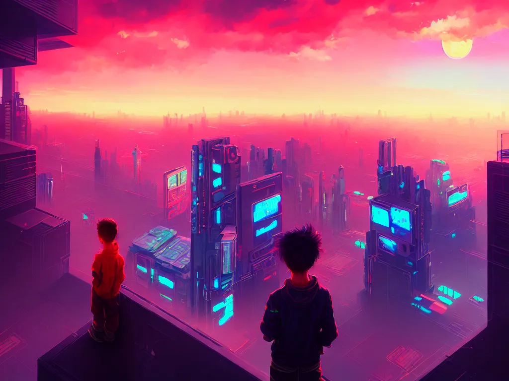 Image similar to a painting of a boy on top of a building watching a colorful sunrise futuristic city surrounded by clouds, cyberpunk art by yoshitaka amano and alena aenami, cg society contest winner, retrofuturism, matte painting, apocalypse landscape, cityscape