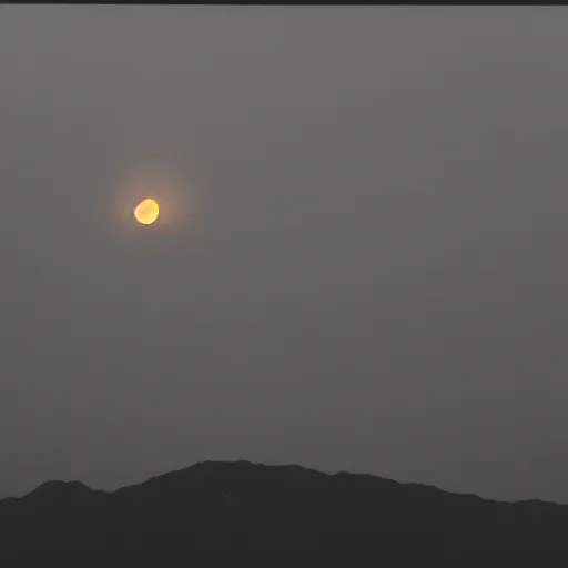 Image similar to Night photography of a misty mountain with a radio tower on top, and a yellow moon directly behind it. Lens compression