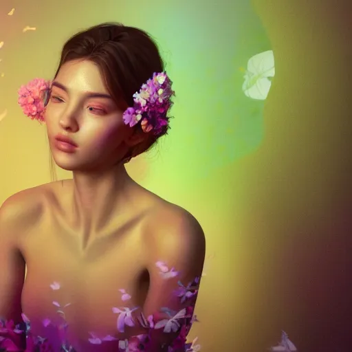 Image similar to portrait of the most beautiful woman surrounded by soft florals, vaporwave lighting, dewy skin, concept art, high detail, beautiful, dreamy, blender