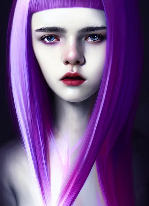 Image similar to hair whitebangs hair, black hair, whitebangs, portrait of teenage girl with white bangs, red irises, purple clothes, white bangs, bangs are different color from hair, intricate, elegant, glowing lights, highly detailed, digital painting, artstation, concept art, smooth, sharp focus, illustration, art by wlop, mars ravelo and greg rutkowski