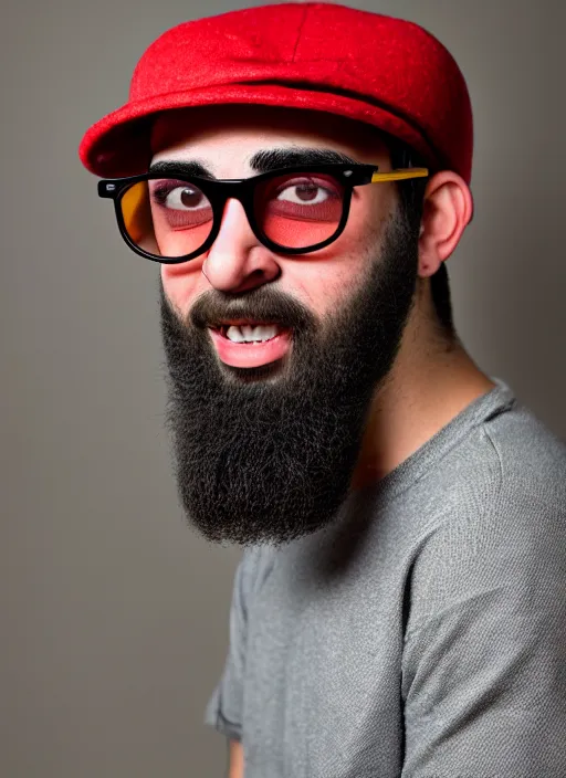 Prompt: kodak portra 4 0 0, 8 k, highly detailed, britt marling style, color studio - portrait of a young ducktail bearded moroccan american male with black wayfarer glasses and red baseball hat, black hair, muted colors, up face with 1 9 2 0's hairstyle and cloth style, asymmetrical, hasselblad