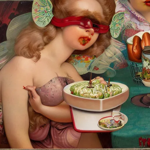 Image similar to closeup of 3 girlfriends, hot dogs and yogurt is a messy eating contest, wlop, elvgren, mucha, mark ryden