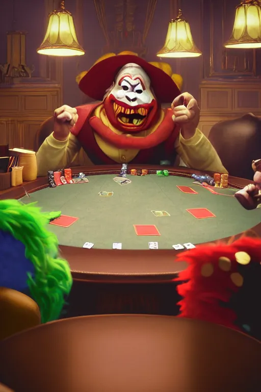 Image similar to pixar serious people playing poker, an angry clown is sitting at the table, screaming | glamorous oily soft polished rich ornate modern | weta disney pixar movie still photo | hi - fructose, sci fi fantasy, smooth, octane render, sharp focus, artstation, concept art | artgerm, mucha, rutkowski, feng zhu, wlop, loish