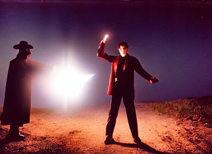 Image similar to a very good looking and dramatic sorcerer holds out their hand from which a blast of bright magic flies, on an empty moonlit hill, dramatic lighting, lens flare, 3 5 mm full frame professional photography, kodachrome