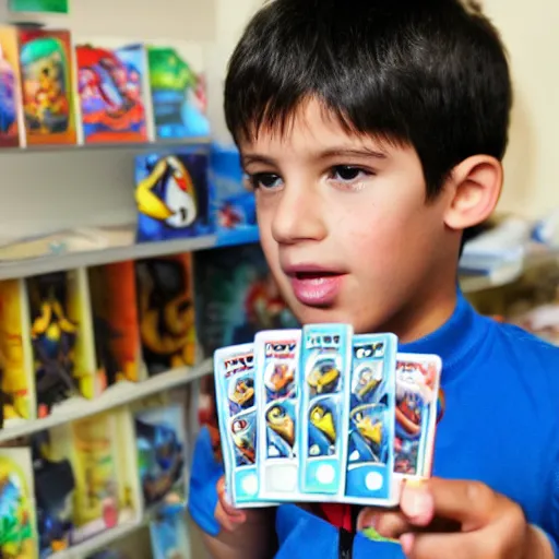 Prompt: boy showing his pokemon cards to the camera.