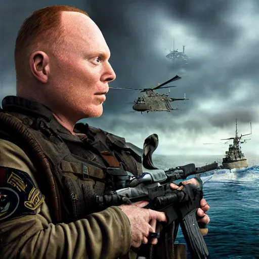 Image similar to Bill Burr as a navy SEAL, high resolution fantasy concept art, realistic, intricate details, soft lighting