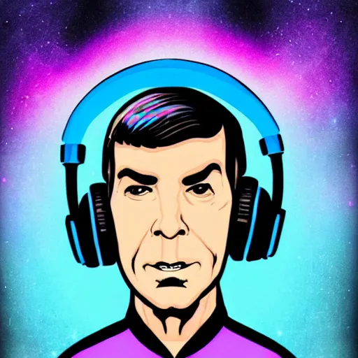 Image similar to svg sticker of a Pop-Wonder Captain-Spock-Star-Trek at a rave, spinning records, giant headphones rocking out, wearing headphones, huge speakers, dancing, rave, DJ, spinning records, digital art, amazing composition, rule-of-thirds, award-winning, trending on artstation, featured on deviantart