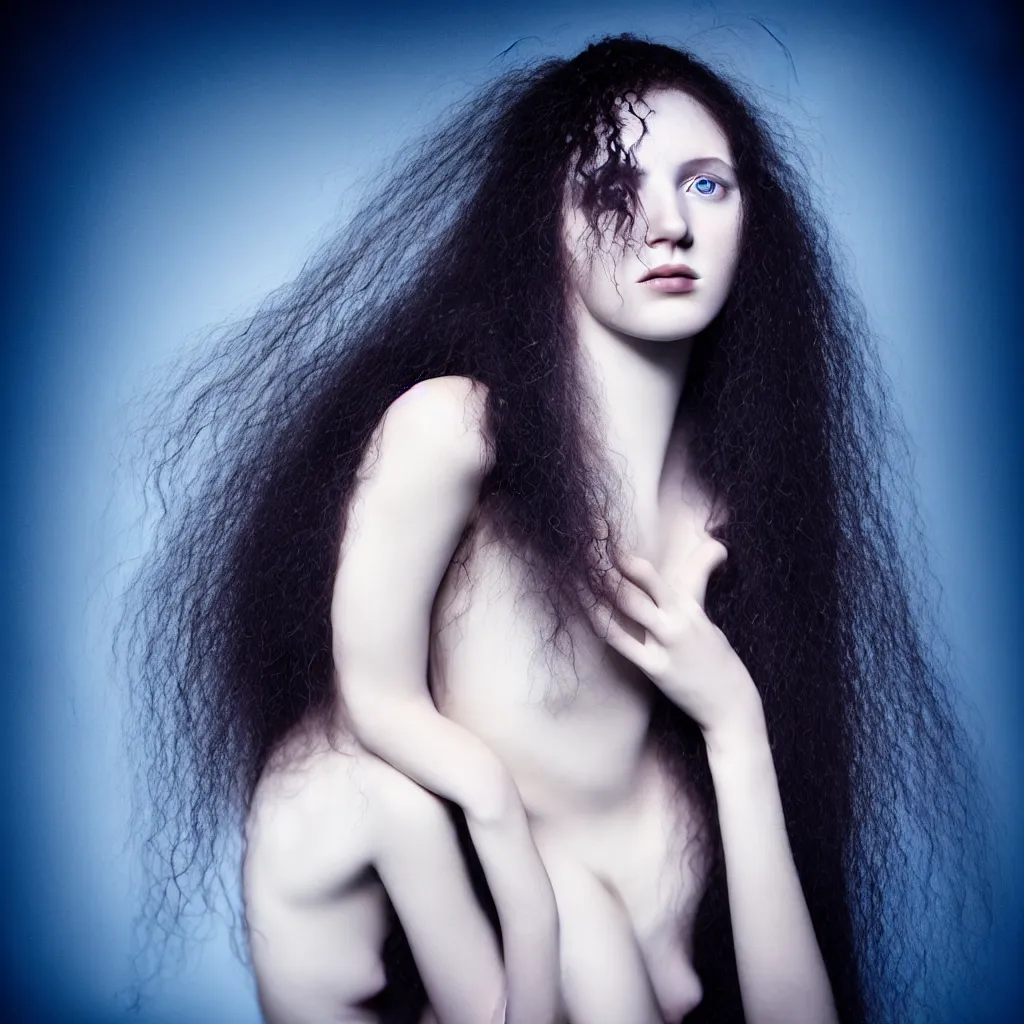 Prompt: High detatiled close-up of a young woman with long dark curly hair dressed in long white, fine art photography light painting by Paolo Roversi, professional studio lighting, dark blue background, hyper realistic photography, fashion magazine style