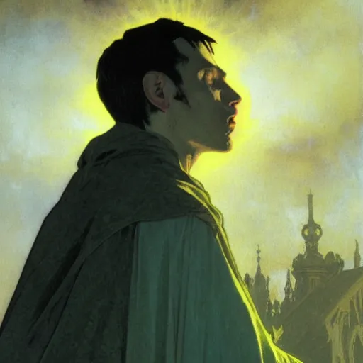 Image similar to Close up of a young, thin and stern catholic priest in his thirties fervently praying as he is about to die from the ominous terrifying Lovecraftian yellow shadow descending upon him from the night sky. Low angle, dramatic lighting. Art by Greg Rutkowski and Alphonse Mucha