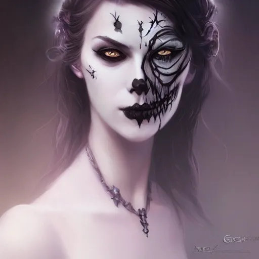 Image similar to detailed portrait of a cute undead goth girl, beautiful, fantasy, intricate, elegant, highly detailed, digital painting, artstation, concept art, matte, sharp focus, illustration, art by aenaluck, artgerm and roberto ferri and greg rutkowski, epic fantasy, digital painting