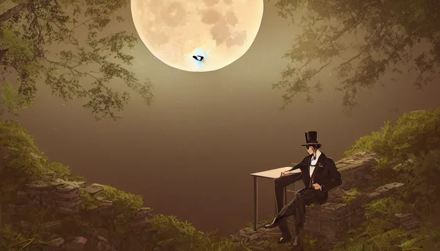 Prompt: ilya kuvshinov illustration of a gentleman in a suit and top hat watching the moon shine over the overgrown valley with ancient ruins reclaimed by nature, hazy and misty, magical feeling, night, stars uhd, high detail, by ilya kuvshinov