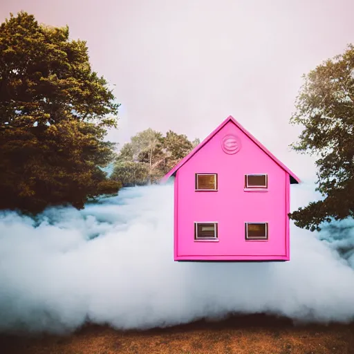 Image similar to a 5 0 mm lens photograph of a cute pink floating modern house, floating in the air between clouds, inspired by the movie up, held up from above by heart ballons. mist, playful composition canon, nikon, award winning, photo of the year