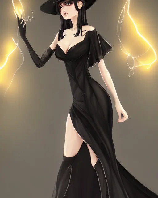 Image similar to A frontal fullbody painting of a beautiful brunette witch and wearing a cute translucent black dress looking at the viewer, elegant, delicate, stunning, soft lines, feminine figure, higly detailed, ultraHD, 8k, smooth , pixiv art, cgsociety, artgem, high quality, digital illustration, concept art, masterpiece