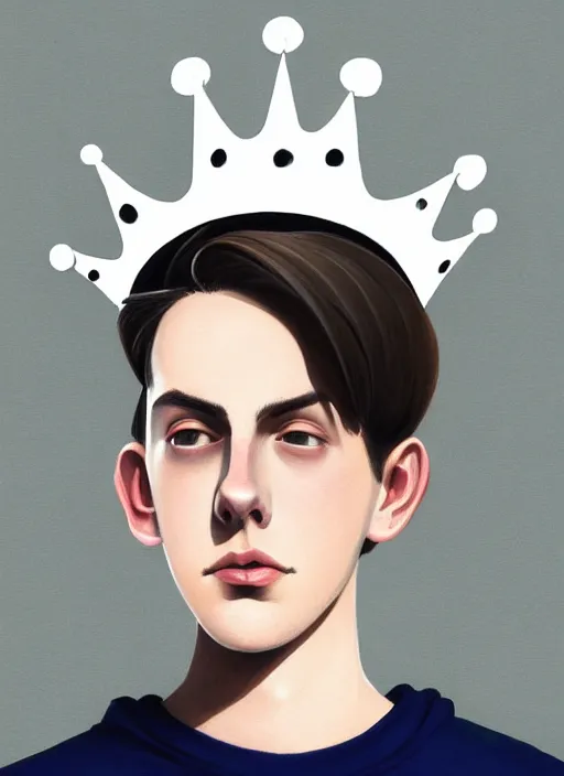 Image similar to portrait of teenage jughead jones wearing a light grey crown, photorealistic, crown, eyes closed, crown, black hair, sweater with letter s on it, letter s, intricate, elegant, glowing lights, highly detailed, digital painting, artstation, concept art, smooth, sharp focus, illustration, art by wlop, mars ravelo and greg rutkowski