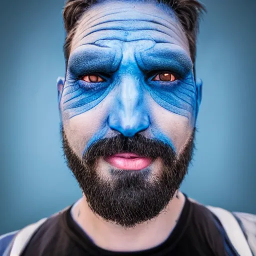 Prompt: fish eye lens close up photograph of a blue skin man with a goatee side eyeing the camera with a sympathetic look