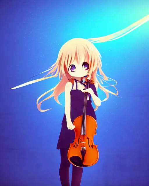 Image similar to anime style, chibi, full body, a cute girl with white skin and golden long wavy hair holding a violin and playing a song, heavenly, stunning, realistic light and shadow effects, modern art, realism, centered, landscape shot, happy, simple background, studio ghibly makoto shinkai yuji yamaguchi