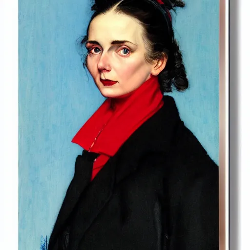 Image similar to frontal portrait of a woman with ice Blue eyes, long straight black bangs and a red coat, by Norman Rockwell and Gerald Brom