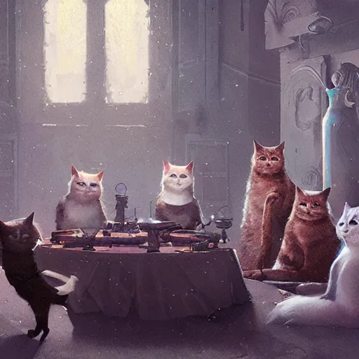 Image similar to the council of cats, by greg rutkowski