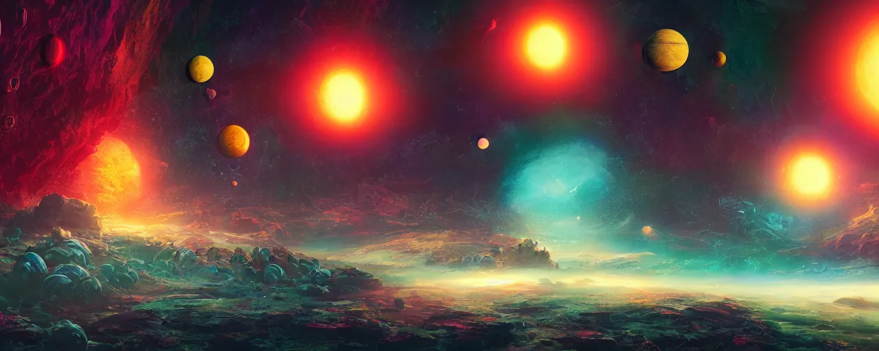 Image similar to ” gas planets on another world, [ cinematic, detailed, epic, widescreen, opening, establishing, mattepainting, photorealistic, 4 k, octane render, art by paul lehr ] ”