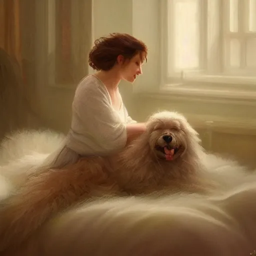 Image similar to a fluffy dog sitting on a bed smiling to his parents digital painting, artstation, concept art, soft light, hdri, smooth, sharp focus, illustration, fantasy, intricate, elegant, highly detailed, D&D, matte painting, in the style of Greg Rutkowski and Alphonse Mucha and artemisia, 8k, highly detailed, jurgens, rutkowski, bouguereau, pastoral, rustic, georgic