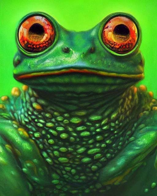 Prompt: hyper realistic oil painting of a green toad knight, vibrant colors, high contrast, hyper detailed, trending on artstation