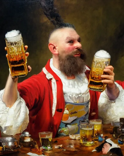 Image similar to a painting of bart simpson holding a mug of beer at the oktoberfest, a detailed painting by konstantin makovsky and by jan matejko and by nikolay makovsky, shutterstock contest winner, german romanticism, detailed painting, oil on canvas, wimmelbilder