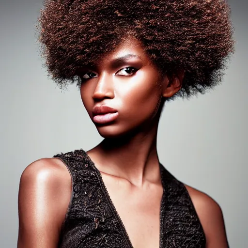 Image similar to close up of head of a black fashion model with afro, black background, official valentino editorial, highly detailed