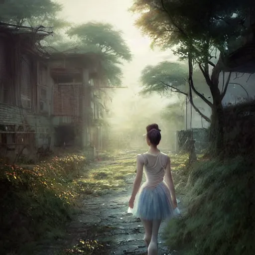 Prompt: ballerina walking around dilapidated ikeshima island, nagasaki, japan. volumetric lighting, dew, spring morning, slight overcast weather, realistic illustration, perfectly shaded, soft painting, art by krenz cushart and wenjun lin