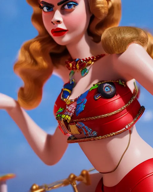 Prompt: highly detailed closeup, face profile portrait of a tin toy retro 1 9 5 0 s cara delevingne, bikini, depth of field, fashion photoshoot by max fleischer, breathtaking, detailed and intricate environment, 8 k resolution, hyperrealistic, octane render