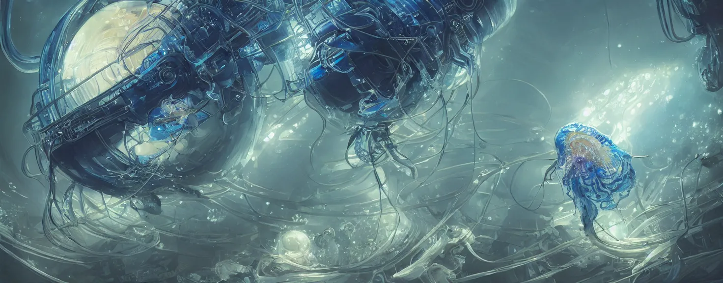 Image similar to Panorama hyper detailed painting of a cyberpunk jellyfish, blue tones, underwater, 8 mm, highly detailed, digital painting, artstation, concept art, smooth, sharp focus, illustration, art by artgerm and greg rutkowski and alphonse mucha