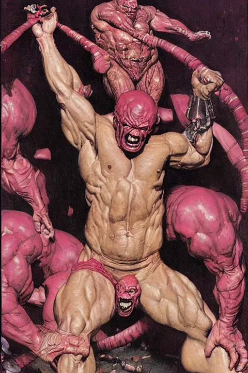 Prompt: portrait of morgan aste as huge pink hulk standing triuphant over dead alien, painted by jack kirby, lawrence alma tadema, norman rockwell, greg staples, wayne barlow, jacob collins, tom lovell, frank schoonover, neville page