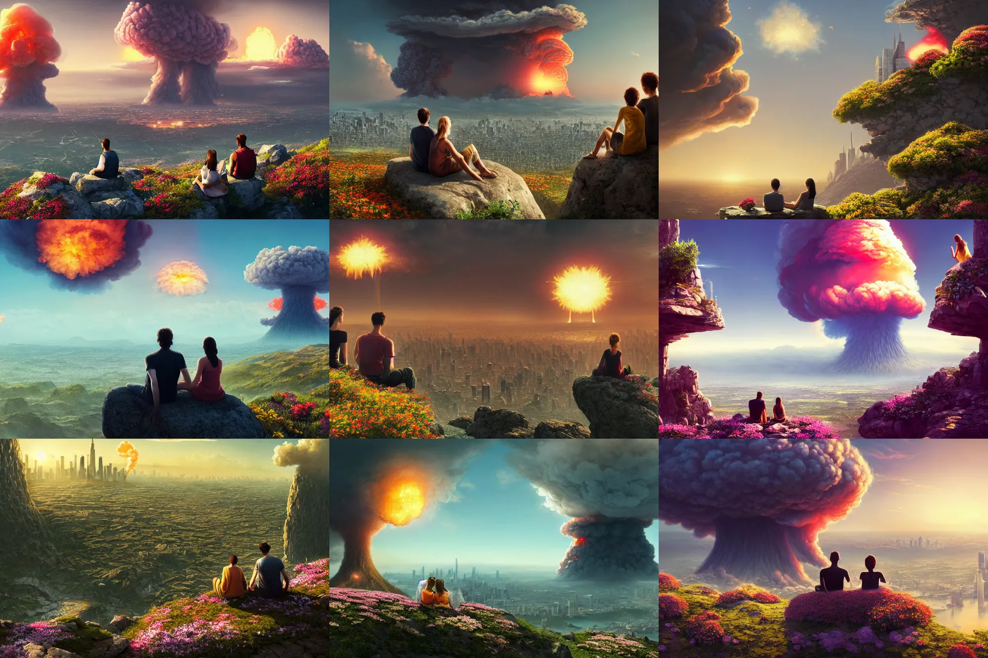 Prompt: a man and a woman sitting together on top of a rock covered hillside with flowers watching a nuclear explosion in a distant city with skyscrapers, a detailed matte painting by filip hodas, sharp focus, cgsociety, fantasy art, cinematic, artstation hq, vfxfriday, dystopian art, unreal engine 5