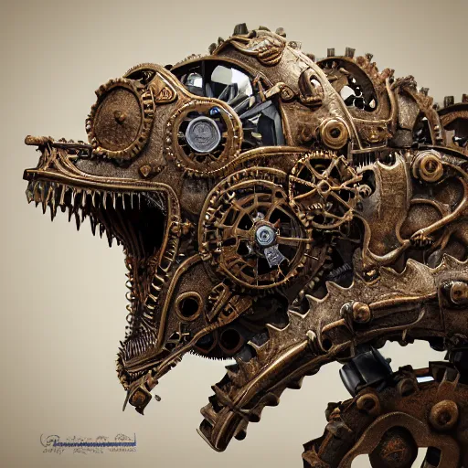 Image similar to A steampunk ornate styracosaur made of engraved full plate armor and gears, Macro shot by Justin Gerard, unreal engine, physically based rendering