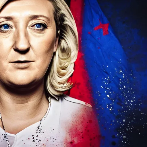 Image similar to Portrait of Marine Le Pen, french flag, amazing splashscreen artwork, splash art, head slightly tilted, natural light, elegant, intricate, fantasy, atmospheric lighting, cinematic, matte painting