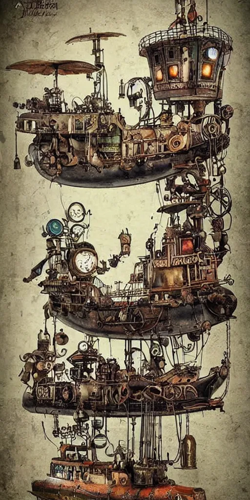 Image similar to a vintage steampunk living submarine by alexander jansson and where's waldo and leonardo da vinci