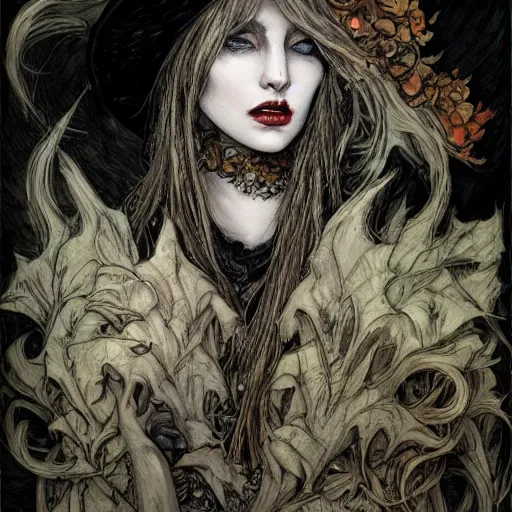 Image similar to Rebecca Guay artwork spooky wicher hat hallowen, digital art, highly detailed, illustration, elegant, digital painting 4K UHD image,fashion photography