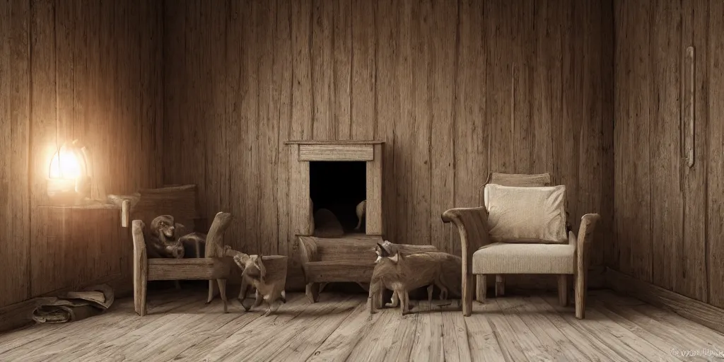 Image similar to dog armchair in an empty wooden cabin, by h. r. giger, soft natural volumetric lighting, beautifully detailed 4 k octane render, 4 k post processing