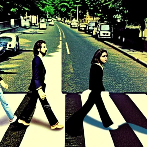 Image similar to alien walking in the street, abbey road album cover