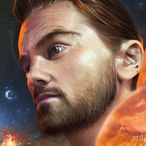 Image similar to centered detailed portrait of a majestic leonardo dicaprio in don't look up, sci - fi, futuristic, details, intricate, octane render, redshift, smooth, illustration, fairy lighting, stars and planets in the background, hyperrealistic, by dmitry prozorov, loish, and wlop, trending on artstation, hyperdetailed, hyperrealism