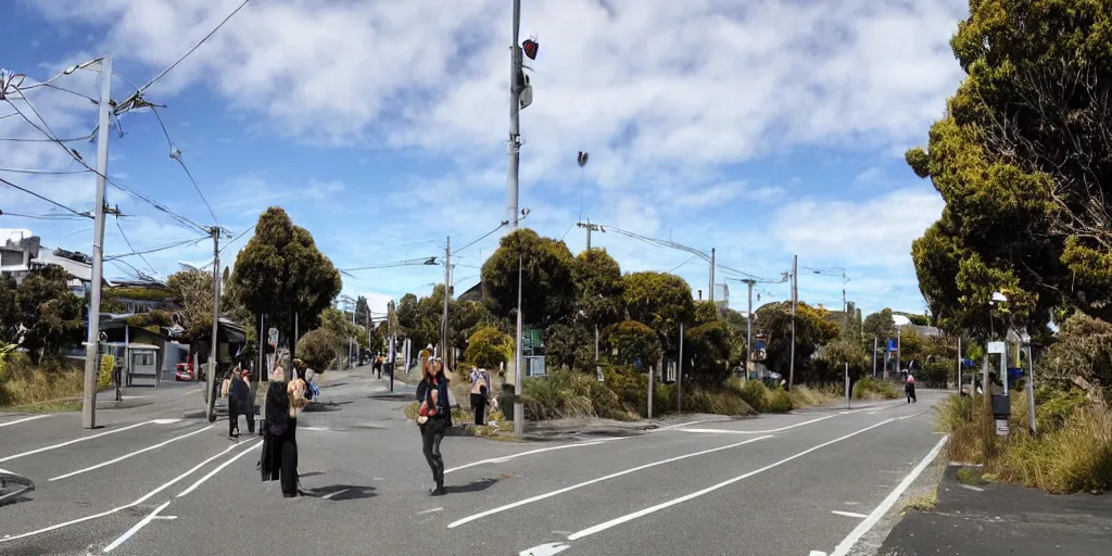 Image similar to a street in a new zealand city where the roads have been replaced by wetlands filled with flowering new zealand flax. tui birds drink nectar. google street view. very windy day. people walking on the footpath