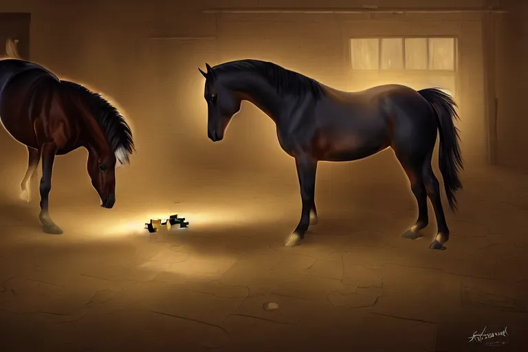 Image similar to A horse attempting to solve a jigsaw puzzle!!!, looking confused, cinematic lighting, evening light, stables, digital painting, volumetric light, concept art, trending on artstation