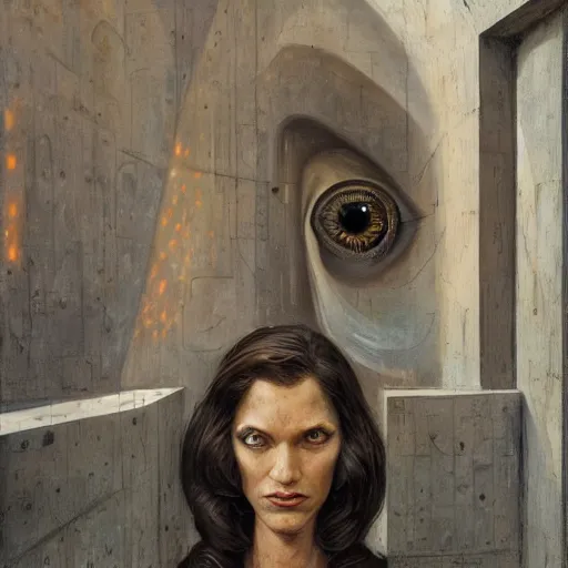 Image similar to detailed face of a woman with obsidian eyes in a architectonic courtyard with dna sculptures at a science expo, atmospheric, ambient, pj crook, syd mead, livia prima, artgerm, greg rutkowski, nick alm, casey baugh