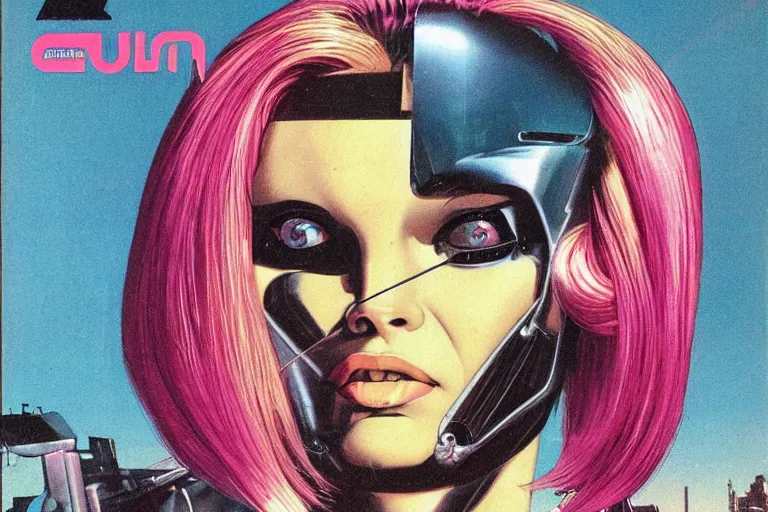 Image similar to 1979 OMNI Magazine Cover of woman with shiny Chrome aluminum skin face with Pink hair. neo-Tokyo streets behind her. in cyberpunk style by Vincent Di Fate