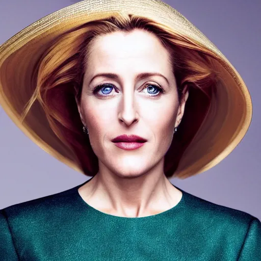 Image similar to photo of a gorgeous Gillian Anderson wearing a 2020s hat by Mario Testino, detailed, head shot, award winning, Sony a7R