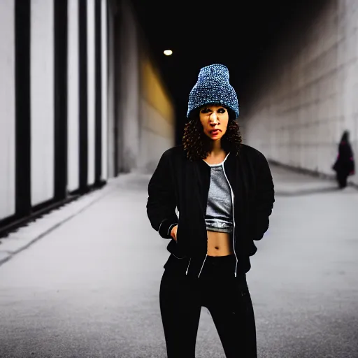 Image similar to Photograph of a mixed woman smoking, wearing a black beanie and black bomber jacket, urban environment, depth of field, 4k, 8k, hd, sigma 85mm f/1.4