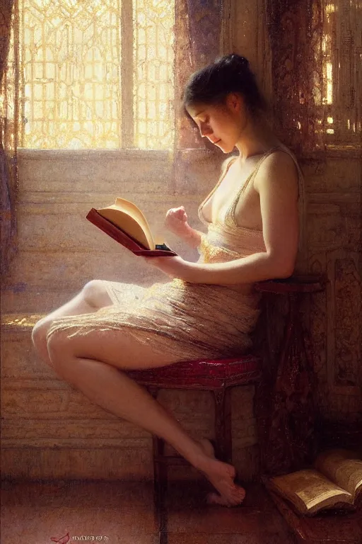 Prompt: a full body portrait of a girl reading a book, high detail, by gaston bussiere, bayard wu, greg rutkowski, odd nerdrum, maxim verehin, realism, dan dos santos, masterpiece, sharp focus, cinematic lightning