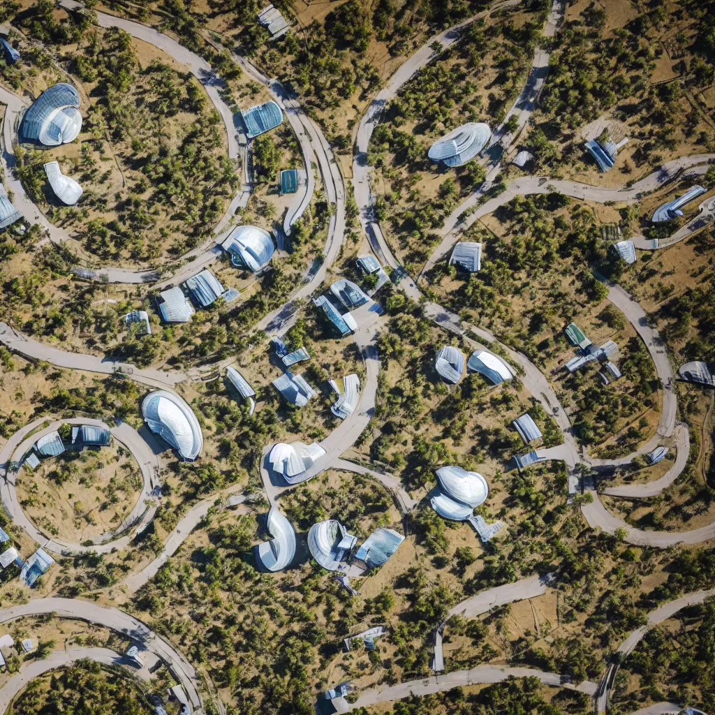 Image similar to aerial view of futuristic commune in the australian outback, parks, recreation, village, high technology, biomimetic, urban planning, XF IQ4, 150MP, 50mm, F1.4, ISO 200, 1/160s, natural light