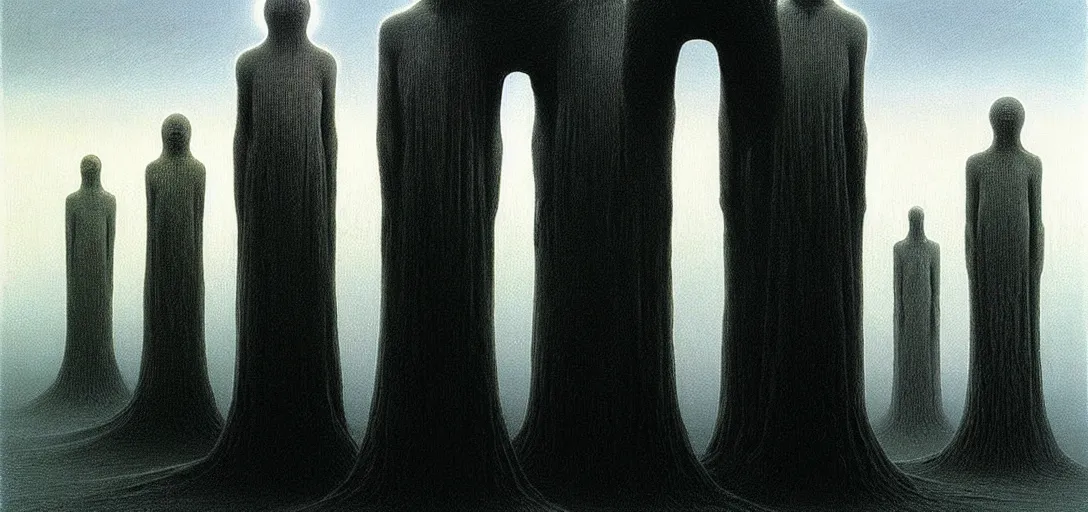 Prompt: dystopian surreal painting aliens in shrouds praying to a single eerie head statue surrounded by uneven buildings, artstyle by zdzisław beksinski